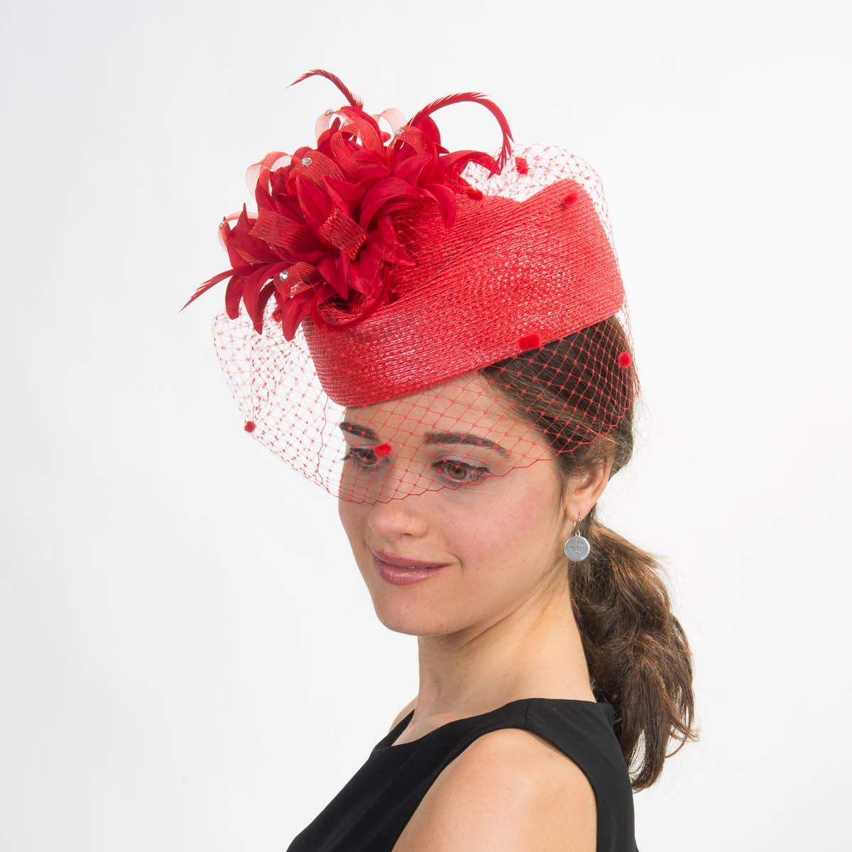 Straw Pillbox Hat with Floral Veil