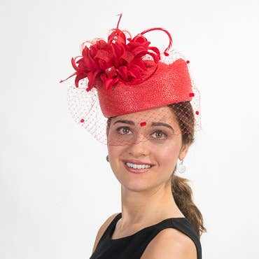 Straw Pillbox Hat with Floral Veil