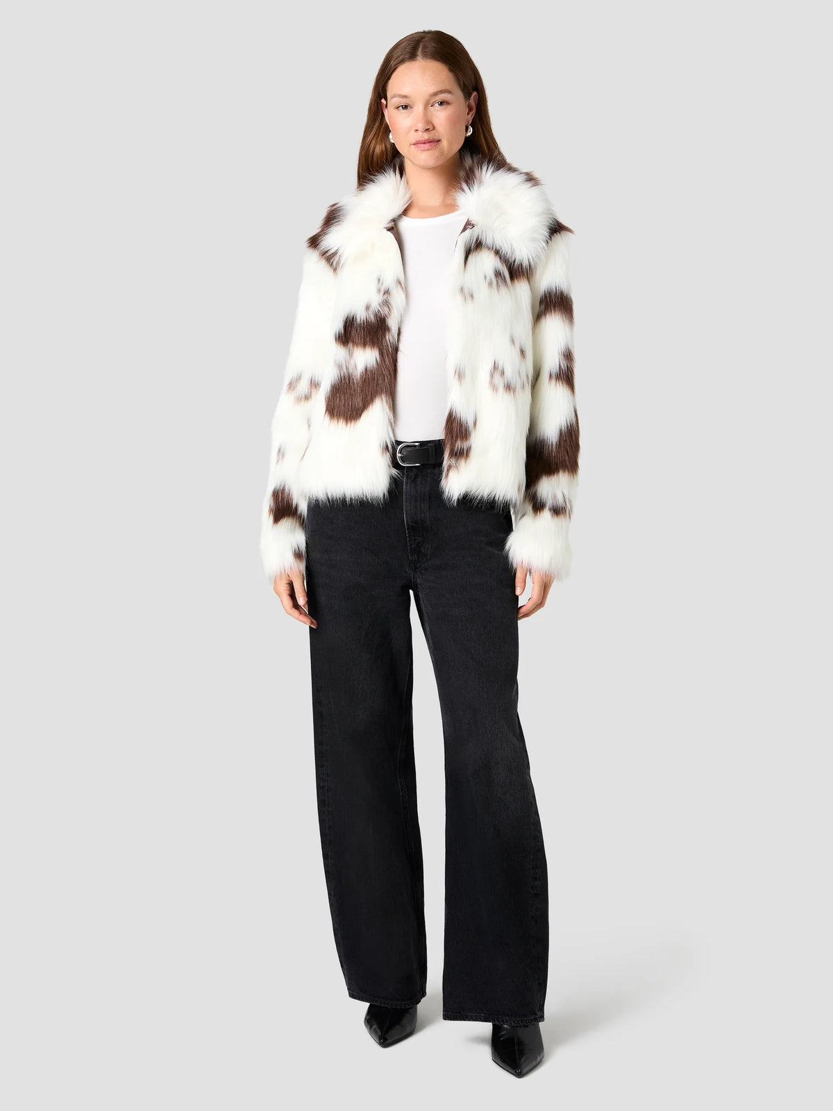 French Connection Animal Spotted Faux Fur Wide Collar Jacket