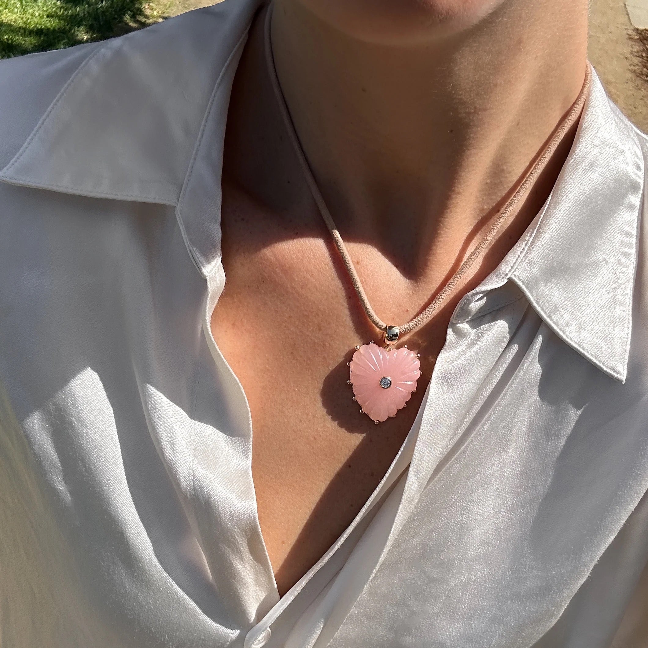 THATCH Malene Pink Jade Heart Bail Leather Cord Necklace