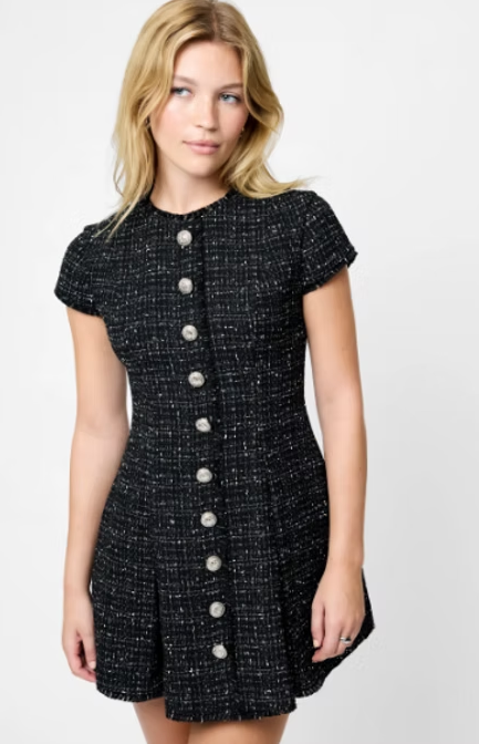 French Connection Speckled Tweed Pleated Mini Dress