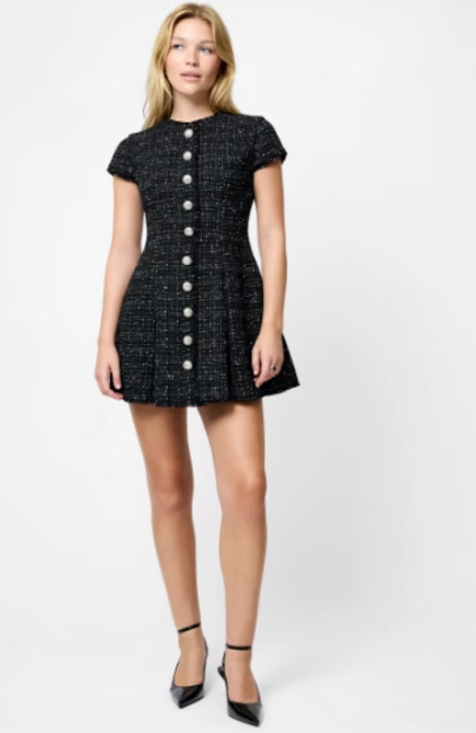 French Connection Speckled Tweed Pleated Mini Dress