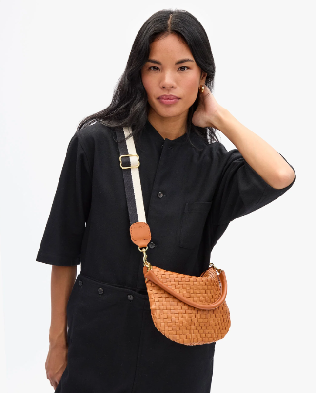 Clare V. Adjustable Crossbody Strap (Black/Cream Stripe w/ Cuoio Tabs)