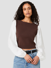 French Connection Maxime Knit Tencel Shirting Combo Longsleeve Top