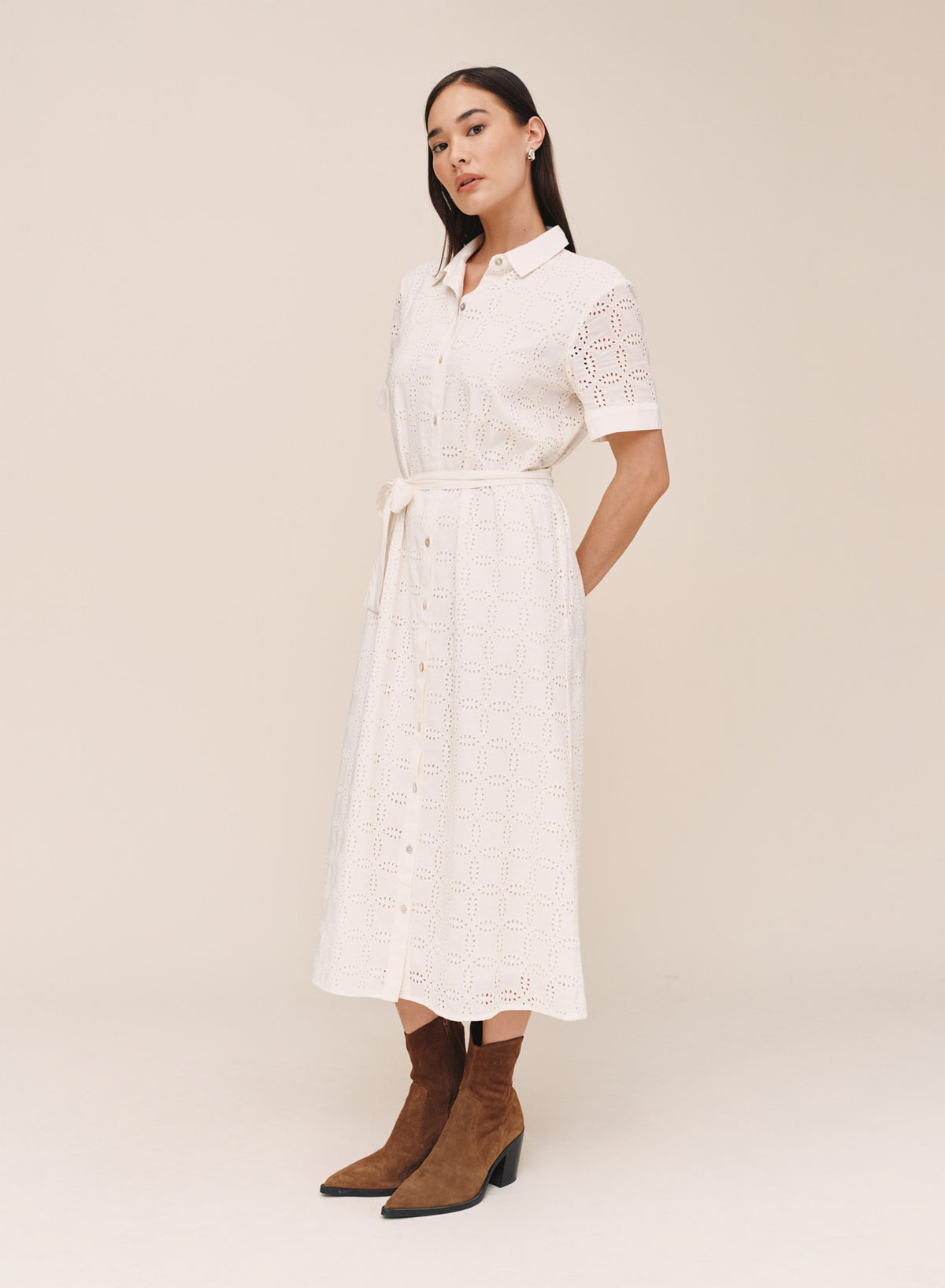 B60025-L19-304 - SHORT SLEEVE MIDI SHIRT DRESS