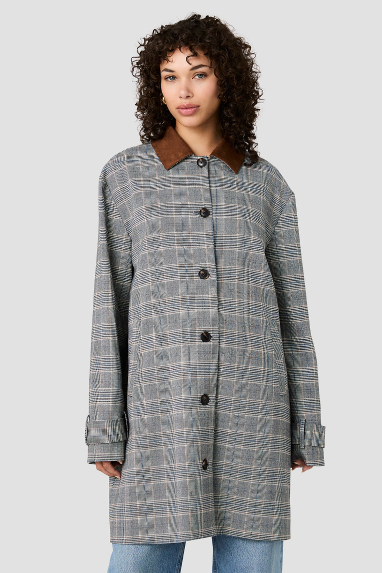 French Connection Matteo Plaid Suede Collar Coat