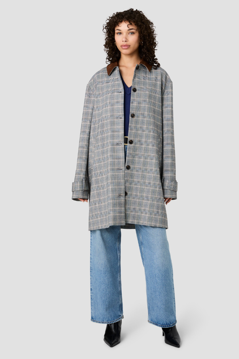 French Connection Matteo Plaid Suede Collar Coat