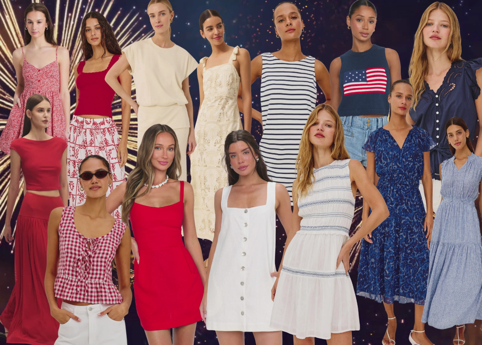 Load video: stationary women wearing red, white, and blue outfits with video of fireworks playing in background